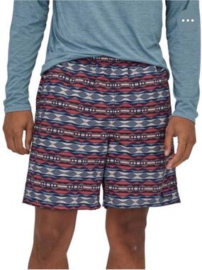 Patagonia Men's Swim Shorts in Navy, Red & Beige Stripe Waistband